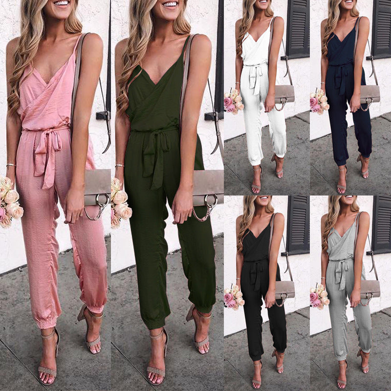 Women Solid Color Suspender Belt Jumpsuit – Elegant & Modern Look